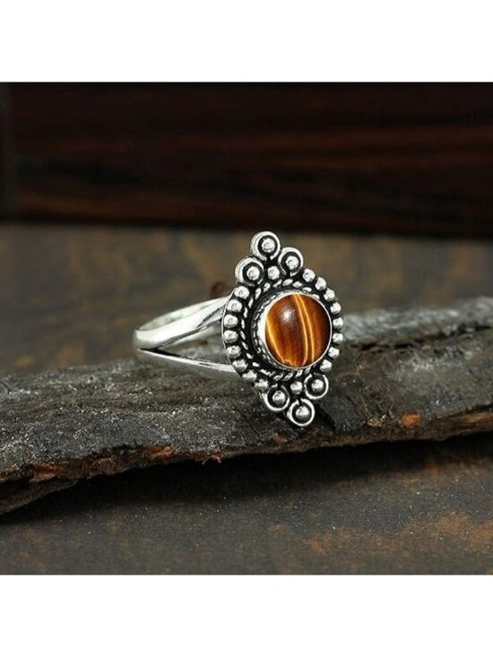 Tiger Tiger Eye Round Shape Natural Gemstone Vintage Style Handmade Ring